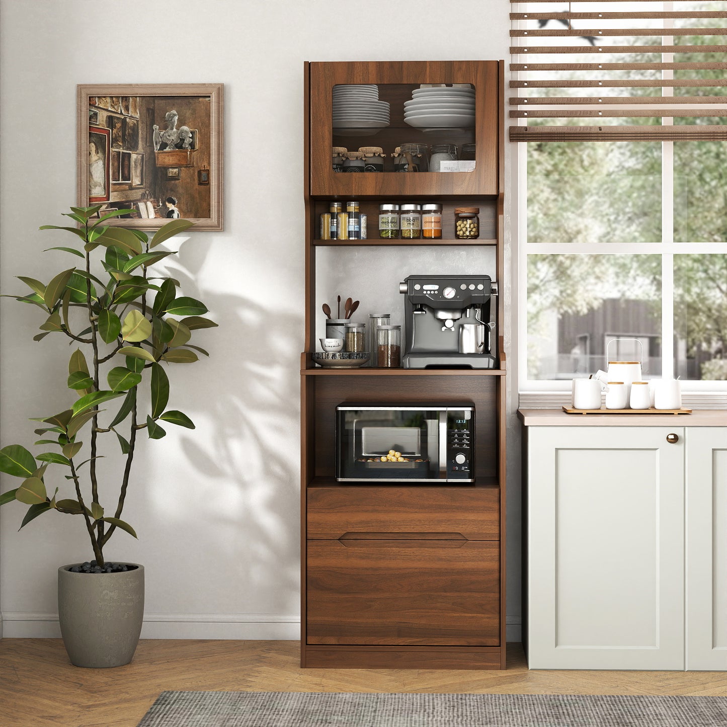 Farmhouse Kitchen Hutch Storage Cabinet with Microwave Stand - Walnut