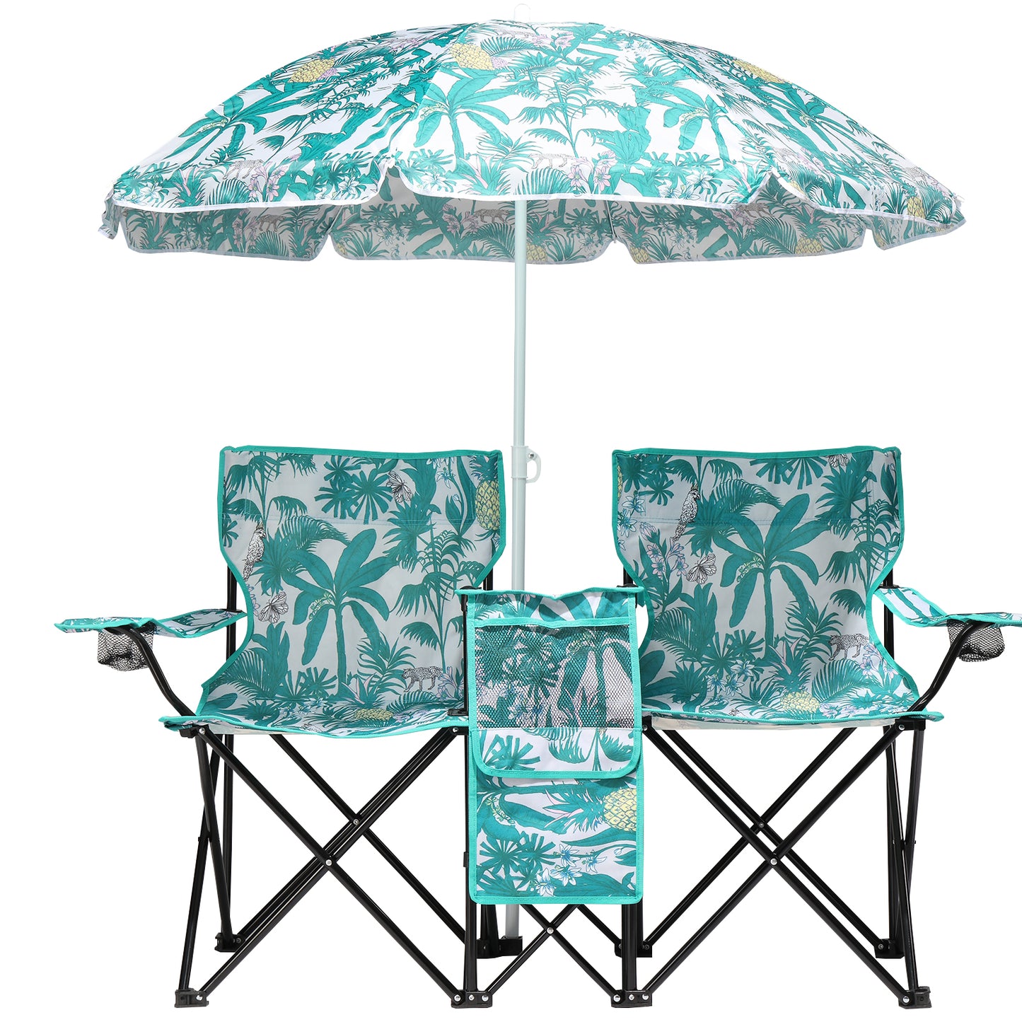 Portable 2-Seat Folding Fishing Chair with Umbrella - Pineapple Pattern