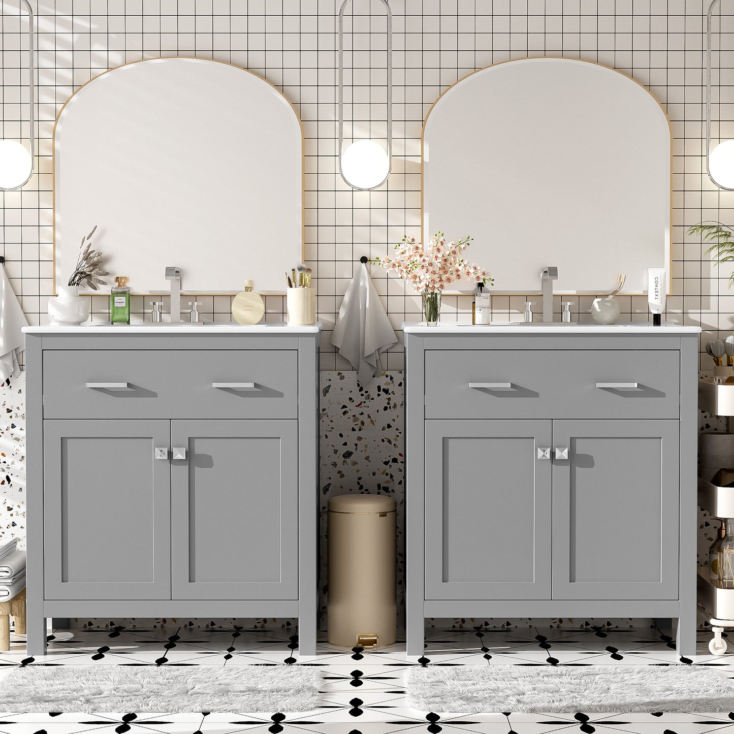 60" Modern Gray Bathroom Vanity Set with Double Sinks & Storage