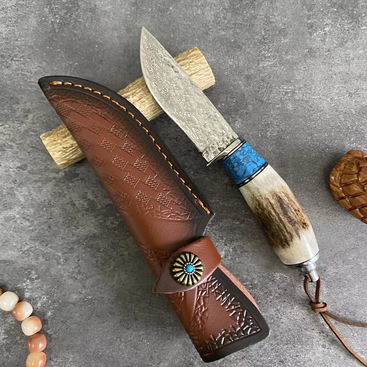 Turquoise Antler Handle Damascus Steel Kitchen Knife - Straight & Horse Variants