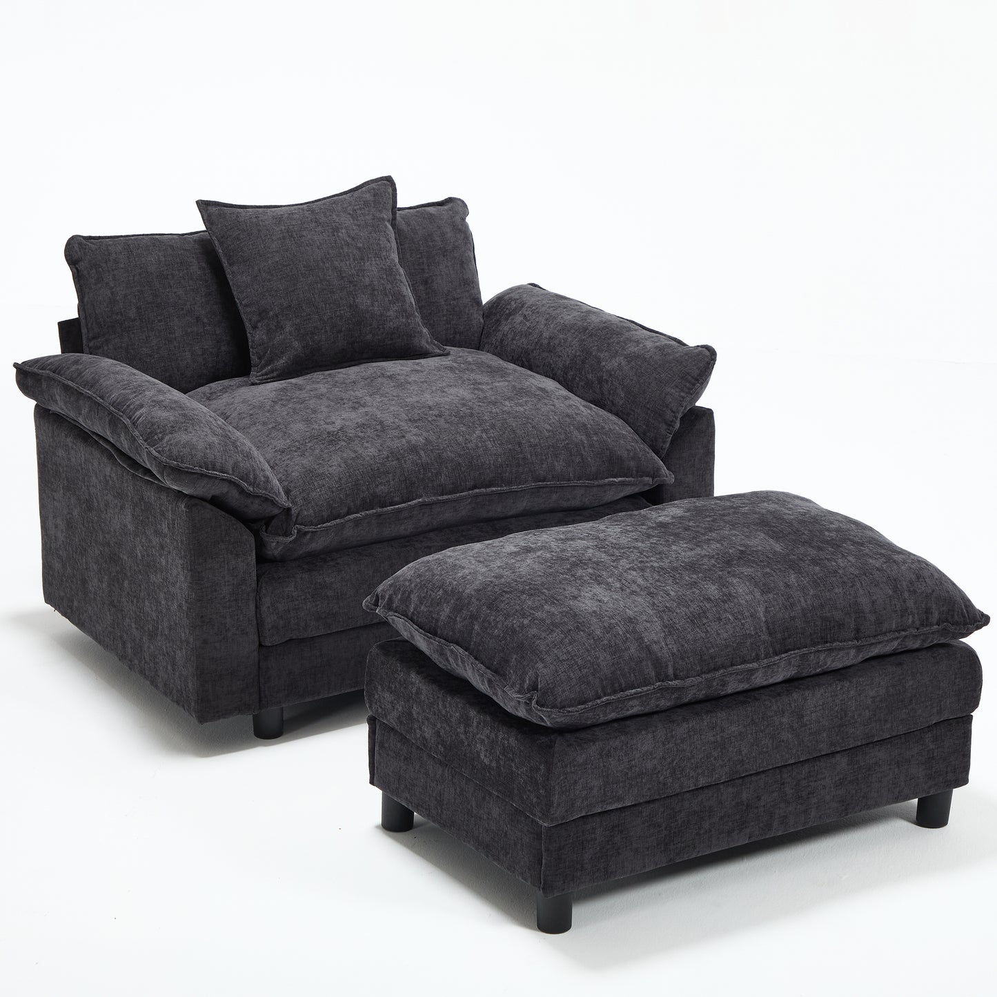 Modern Chenille Accent Chair with Ottoman - Black