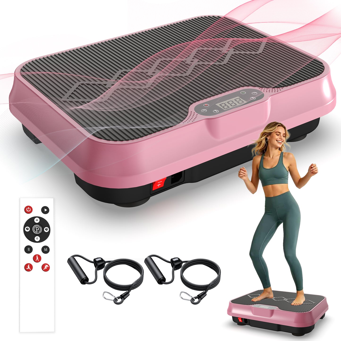 Vibration Plate Exercise Machine with Remote Control & Resistance Bands - Rose Red