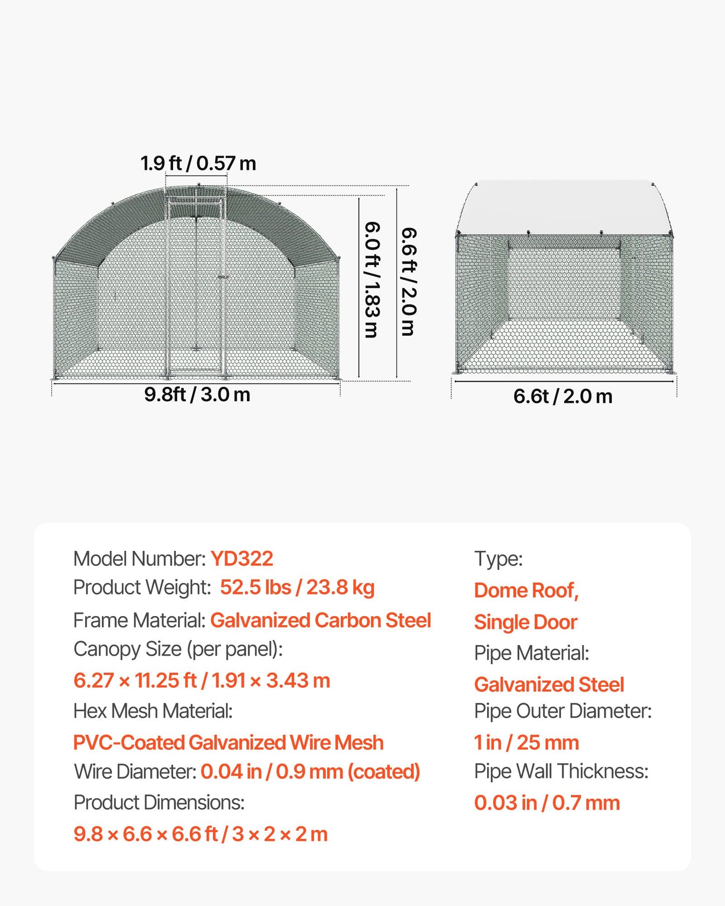Large Galvanized Metal Chicken Coop with Cover 9.8x6.5ft Walk-In Poultry Pen