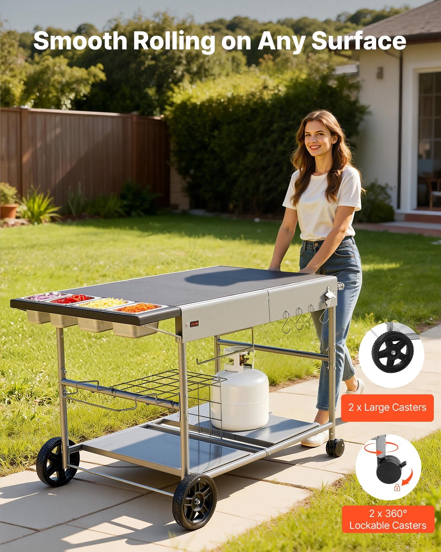 Outdoor Grill Cart with 36.4 x 23.4 Inch Worktop, 4 Spice Containers & Wheels