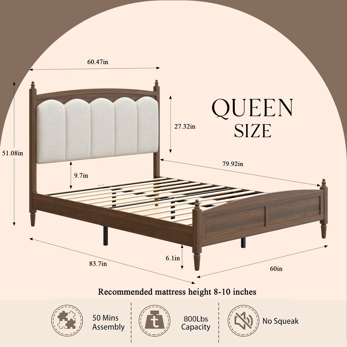 Queen Size Platform Bed Frame with Upholstered Headboard - Brown
