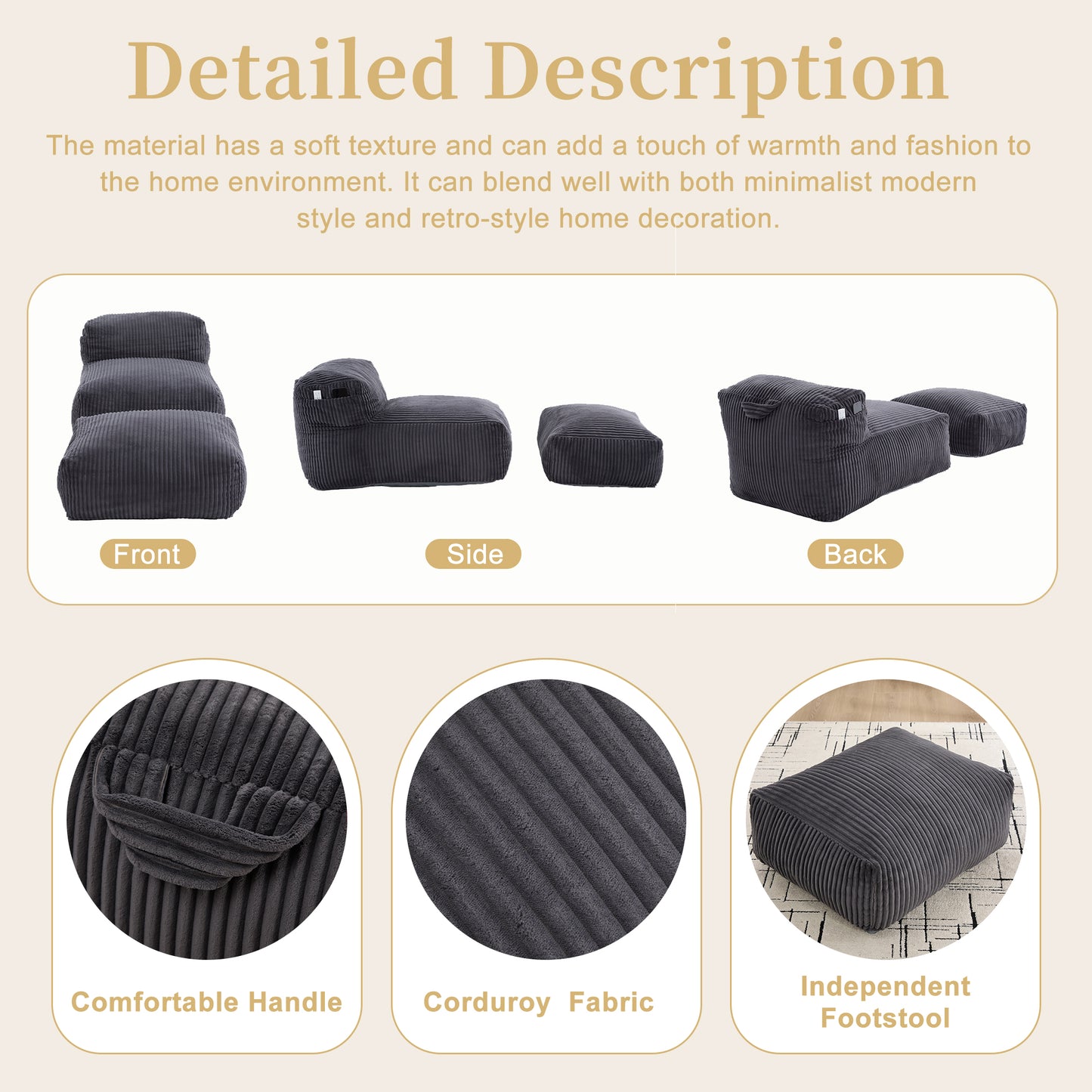 Large Memory Foam Bean Bag Chair for Adults - Dark Gray