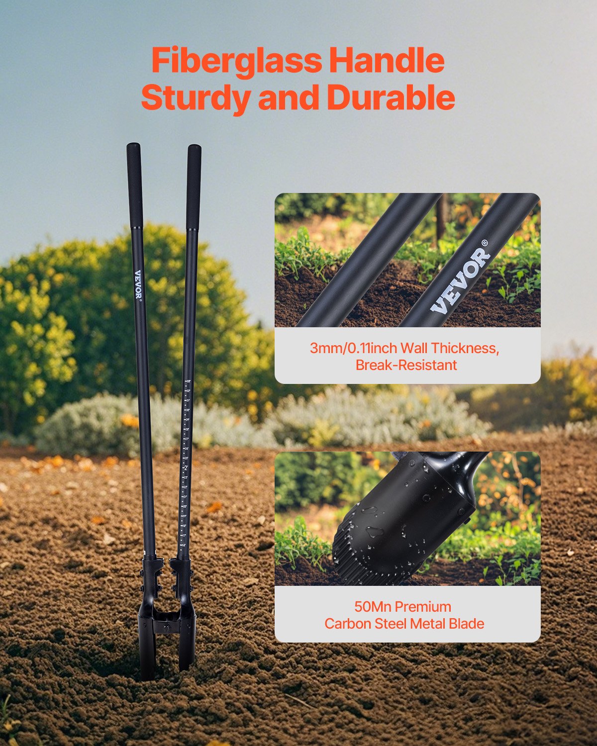 Post Hole Digger with Fiberglass Handle and Scale Markings - Manual Garden Tool 57.5"