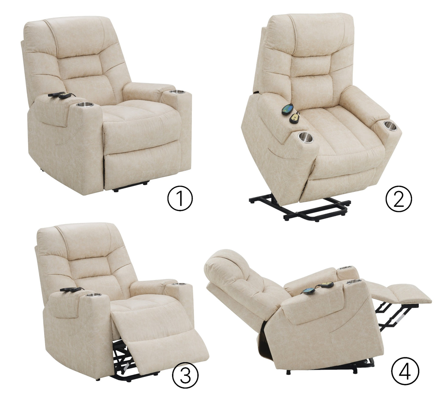 Ivory Leather Power Motion Recliner with Lift, Heating & Massage