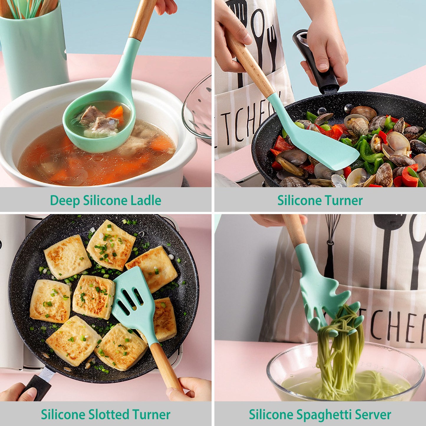 11-Piece Silicone Cooking Utensil Set with Wooden Handles