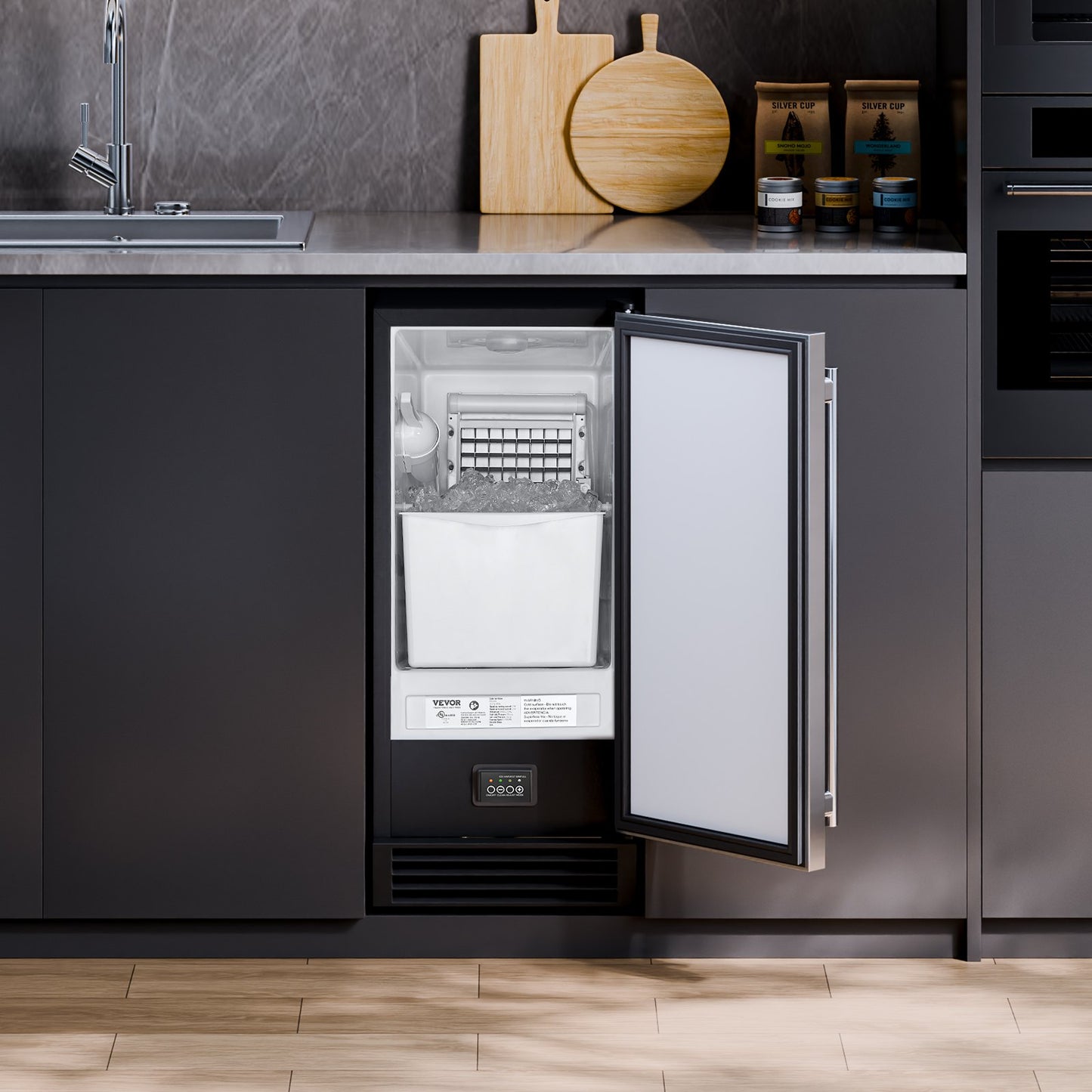 Undercounter Ice Maker Machine 50 lbs/Day with Drain Pump & Reversible Door - Silver