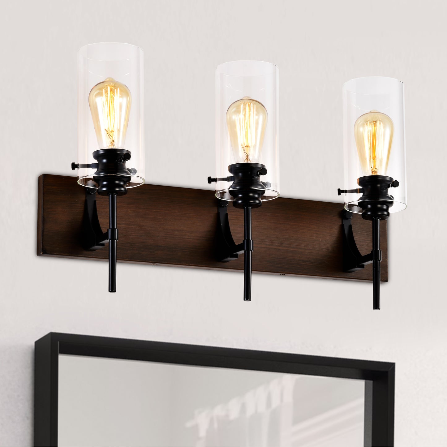 3-Light Matte Black Wood Bathroom Vanity Light with Glass Shades