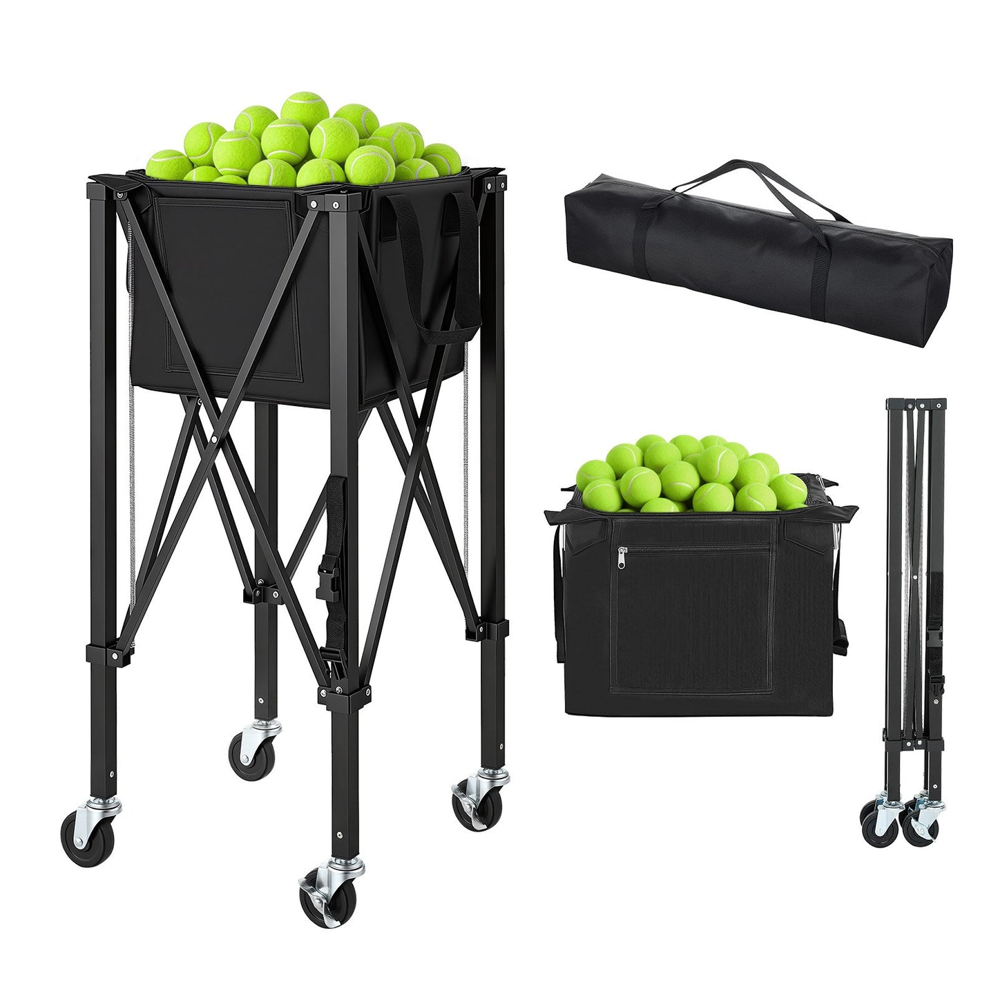 Tennis Ball Hopper Cart - Holds 120 Balls, Foldable, Portable with Wheels