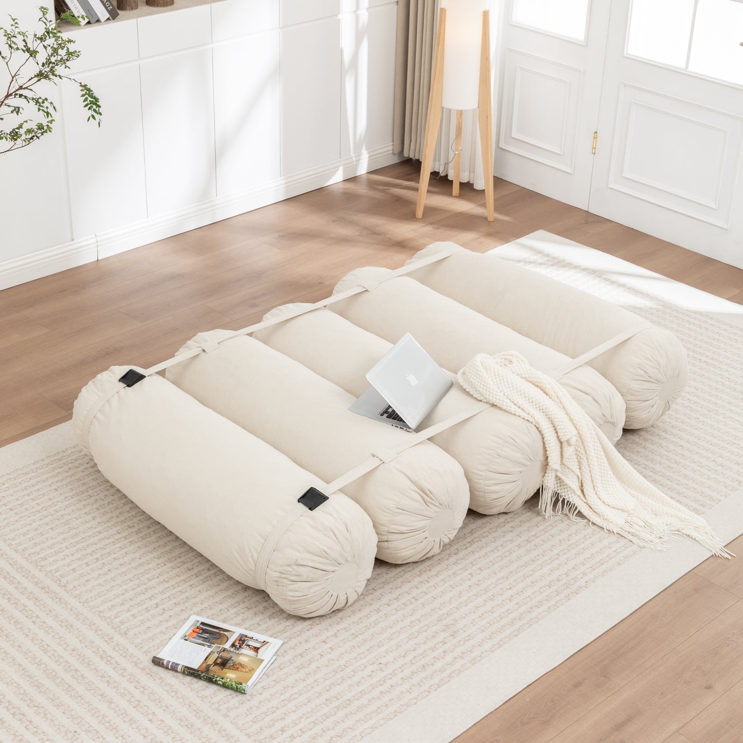 Adjustable Corduroy Floor Sofa - Beige Multi-Person Lounger