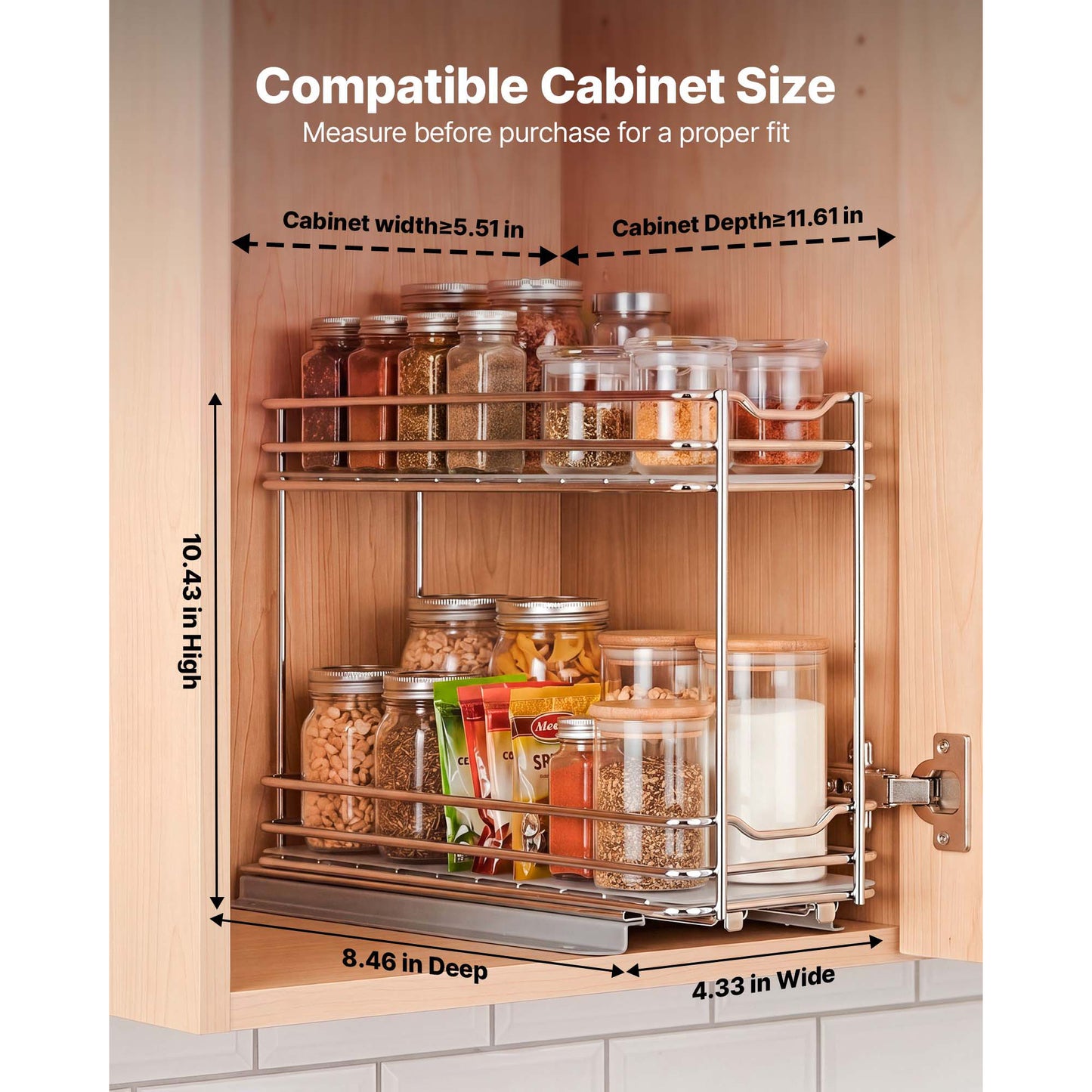 Pull Out Spice Rack Organizer for Cabinets - 2-Tier Metal Pantry Shelf, Silver