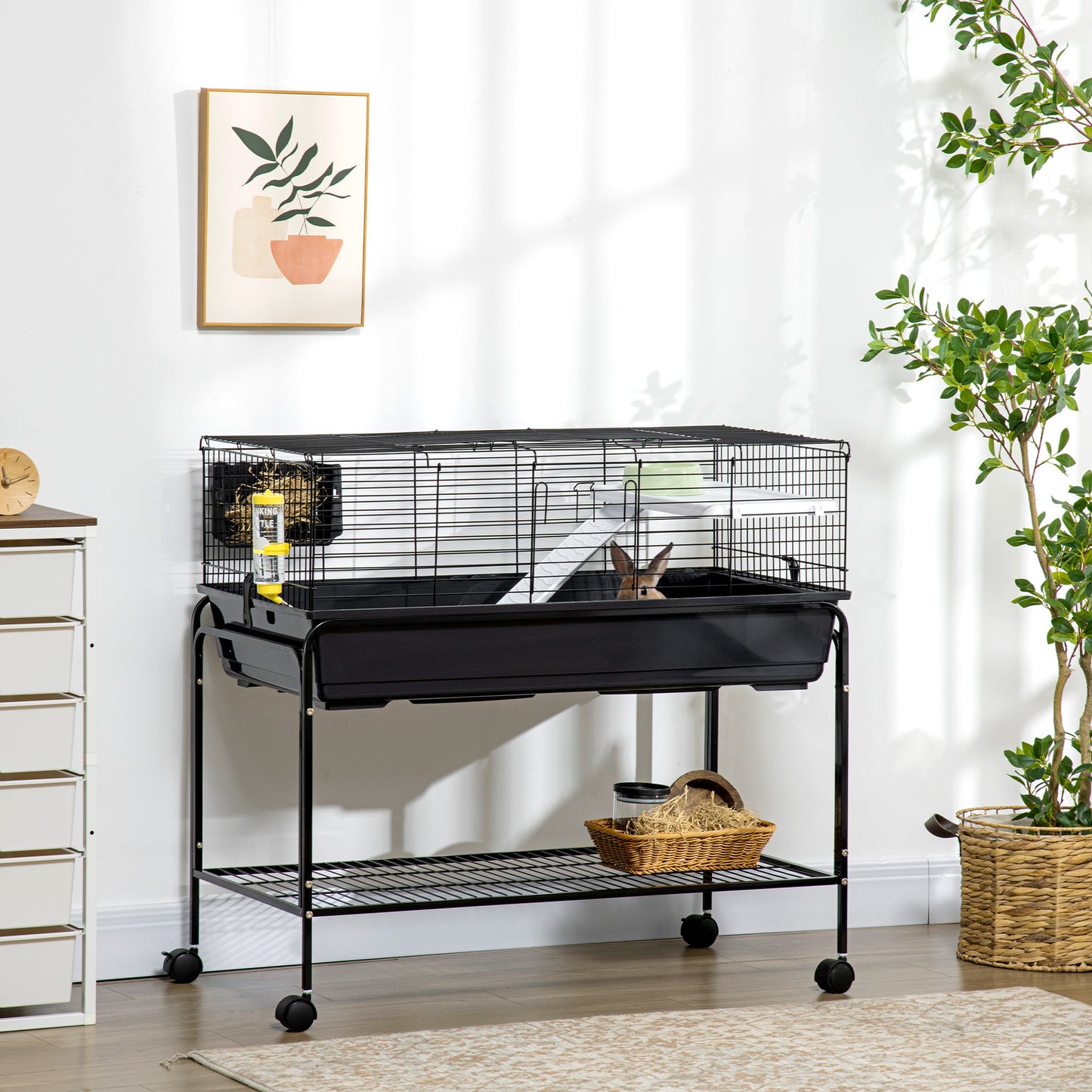 Small Animal Cage with Removable Stand, Wheels & Shelf for Guinea Pig, Hedgehog & Ferret - 39x20.5x36.5 Inches, Grey