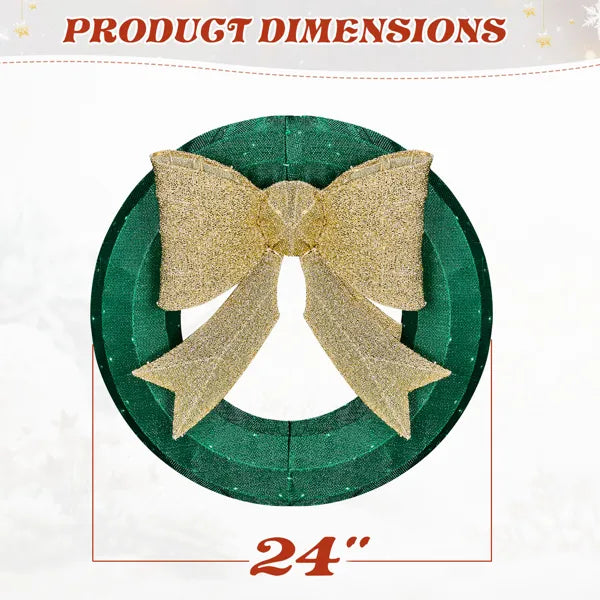 24-Inch Pre-Lit Outdoor Christmas Wreath with Golden Bow