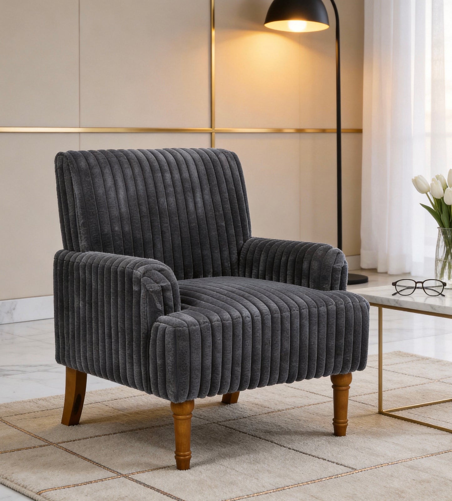 Modern Dark Gray Accent Chair with Plush Corduroy Upholstery