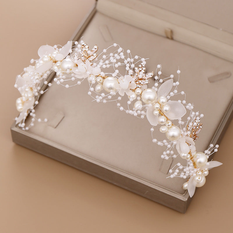 Children's Pearl Flower Headdress with Gold Leaf for Kids