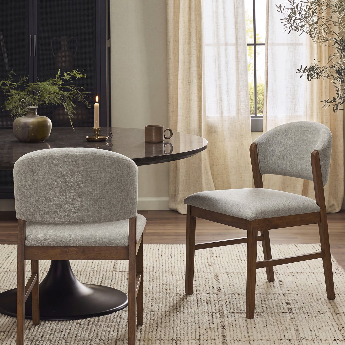 Mid-Century Modern Upholstered Dining Chairs - Set of 2, Grayish Green & Walnut