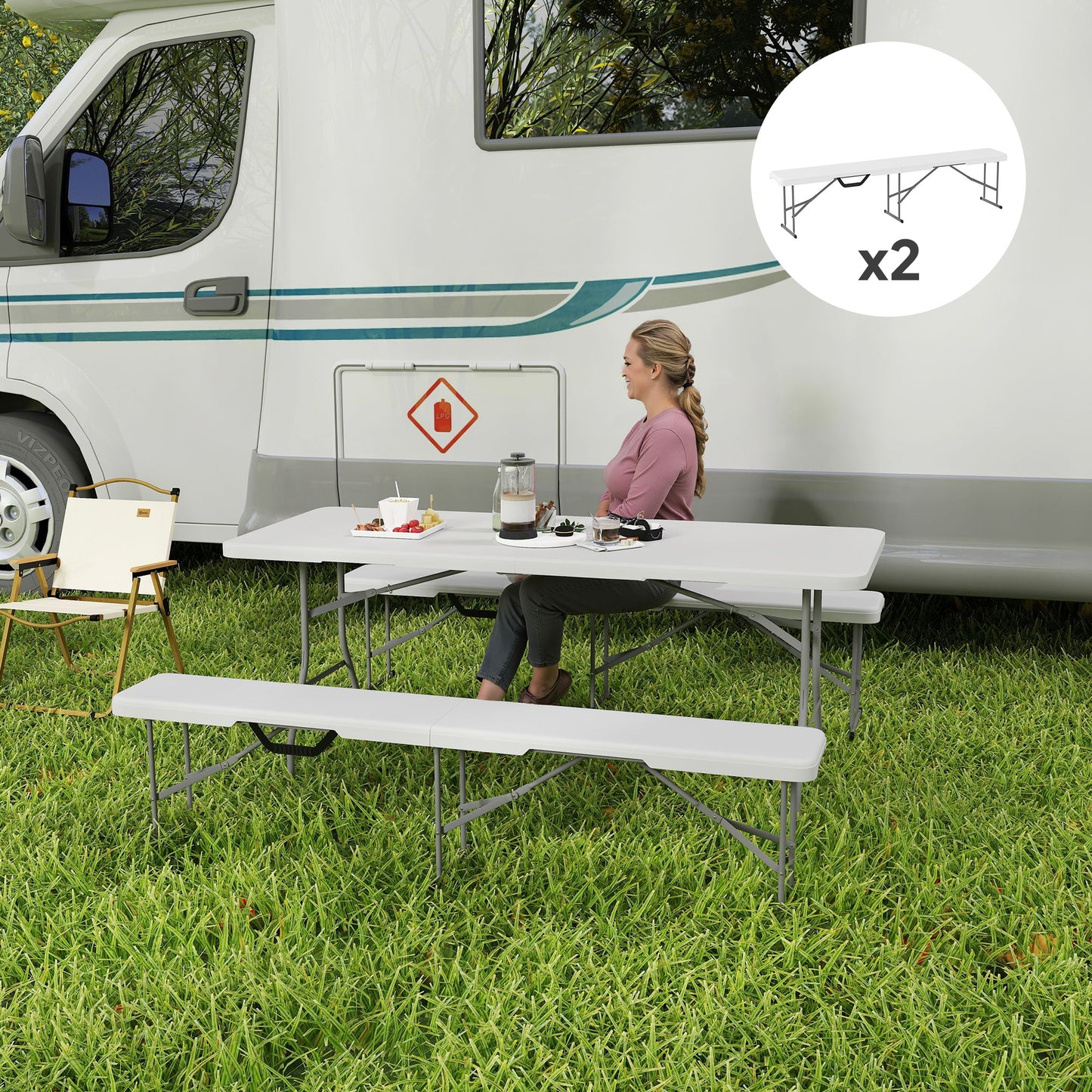 6 Ft Portable Folding Bench Seats - 2 Pack, White