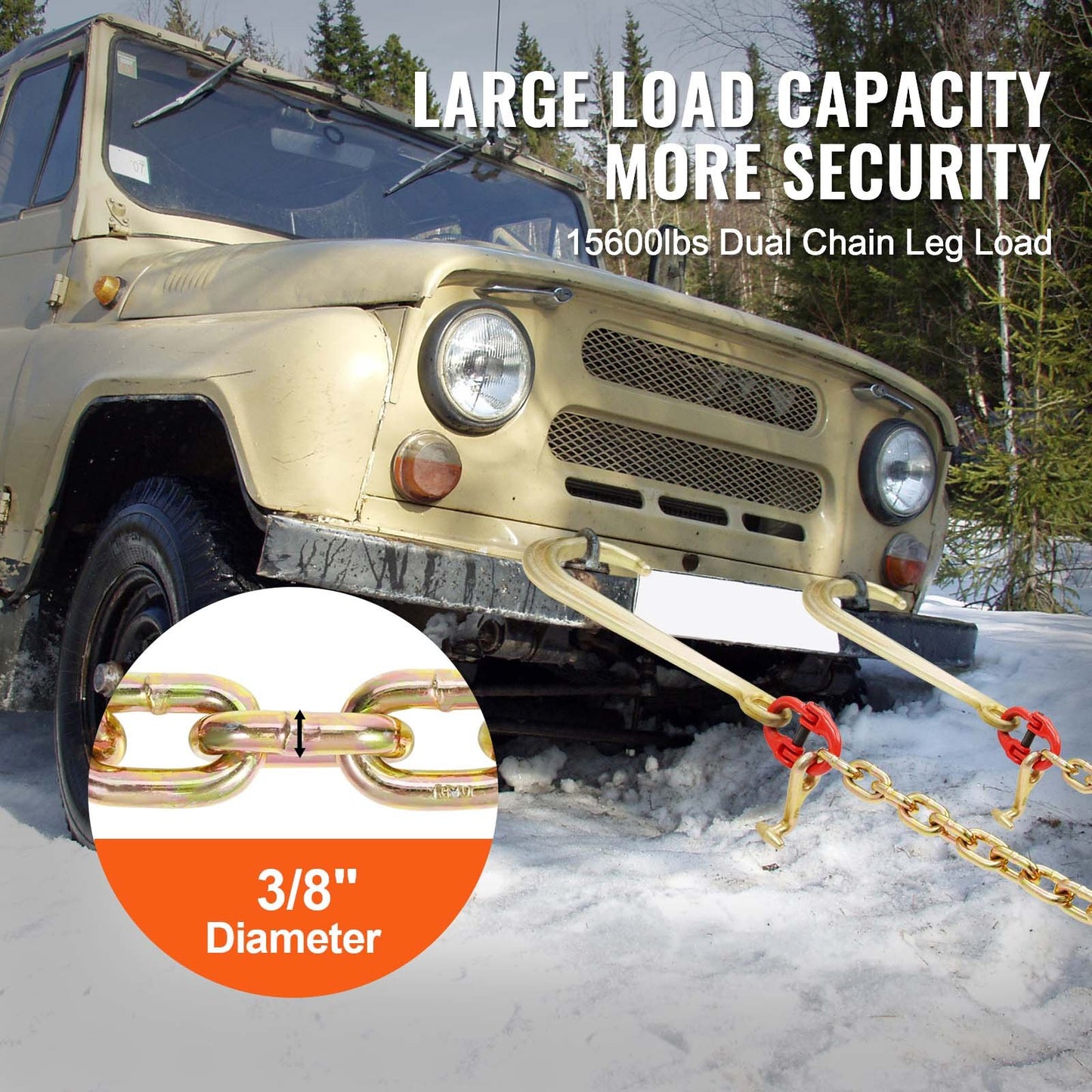 G80 Tow Chain with V-Hook and Grab Hook - Heavy Duty 15600lbs Load Capacity
