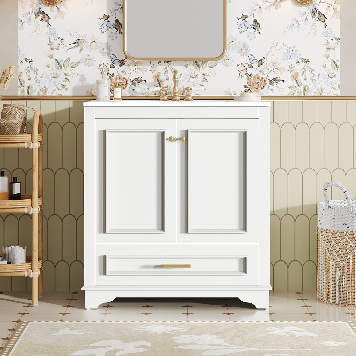 30" Bathroom Vanity with Ceramic Sink & Soft Close Doors - White