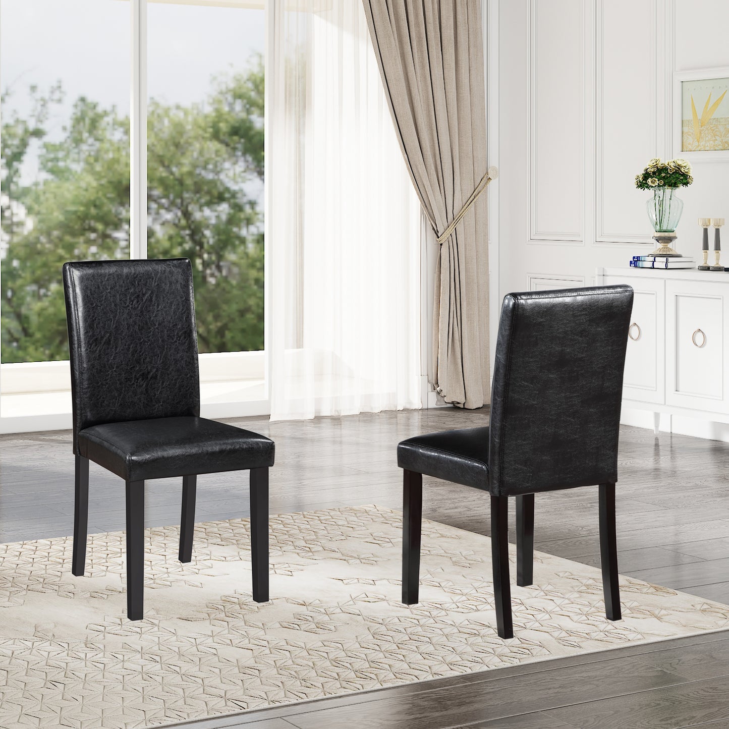 Black Padded Dining Chairs Set for 4 - Solid Rubber Wood