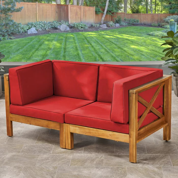 Acacia Wood X-Back Loveseat with Water-Resistant Cushions - Red