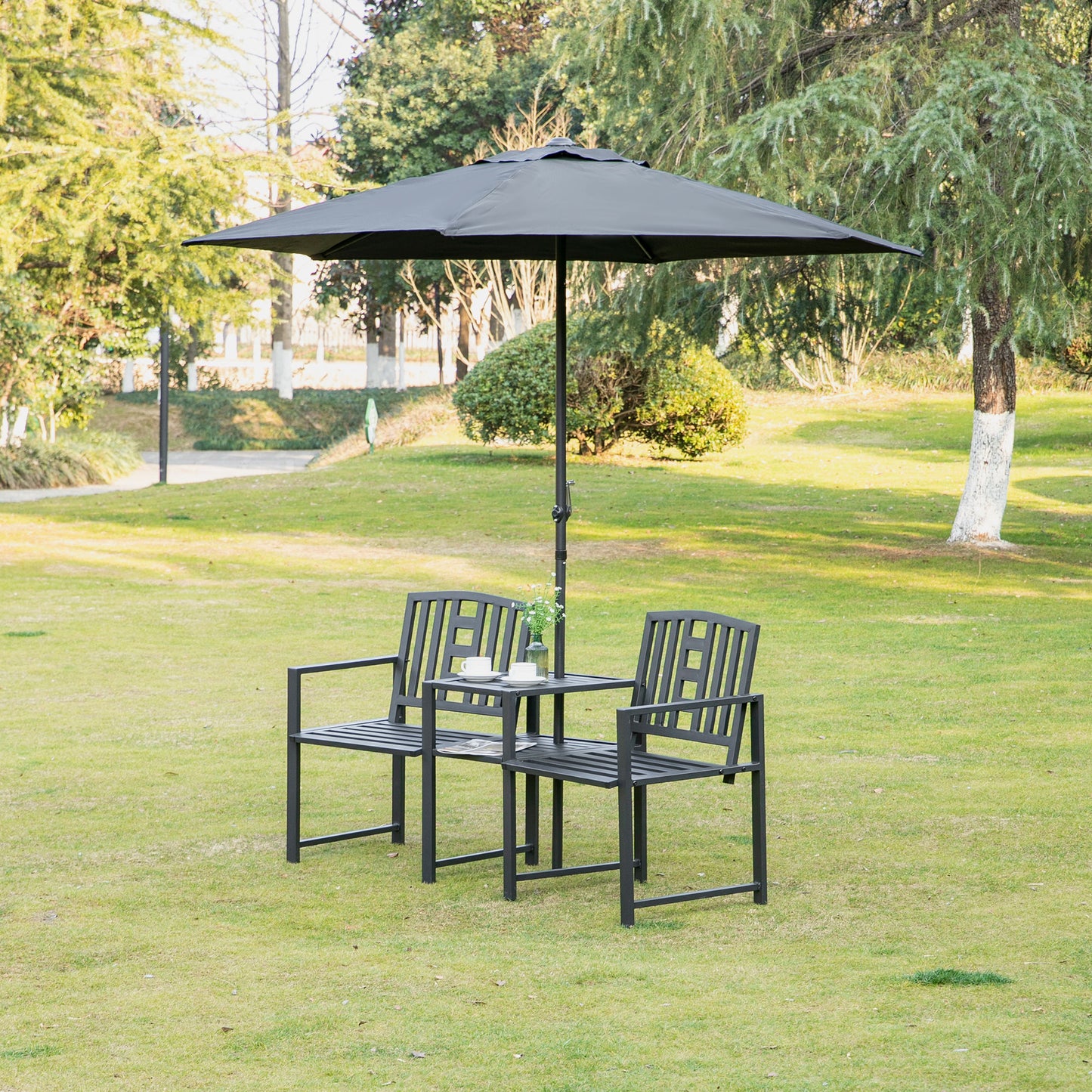 Metal Garden Bench with Table & Umbrella Hole - Black