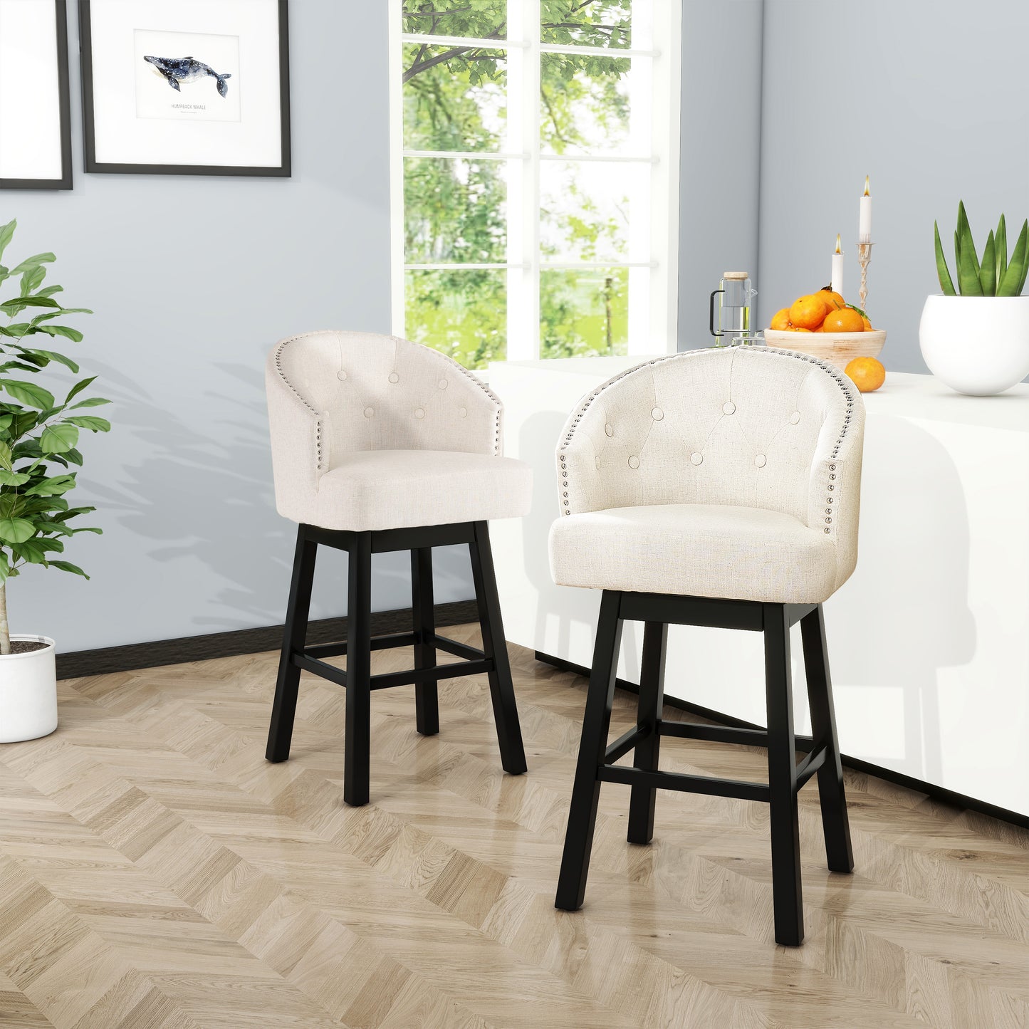 360-Degree Swivel Bar Stool Set of 2 with Nailhead Trim - Beige