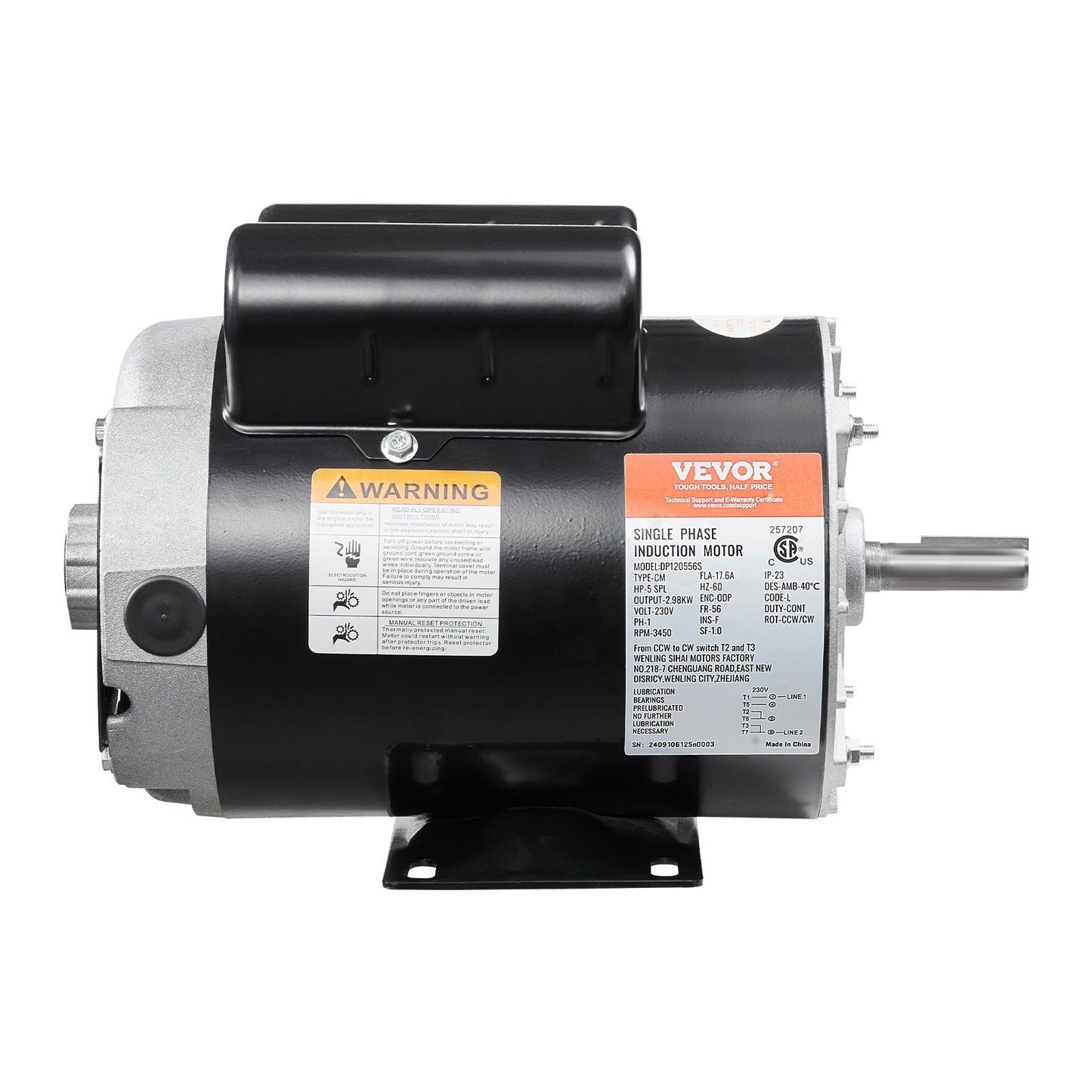 5HP SPL Air Compressor Motor 230V 17.6A 3450RPM 56 Frame Black