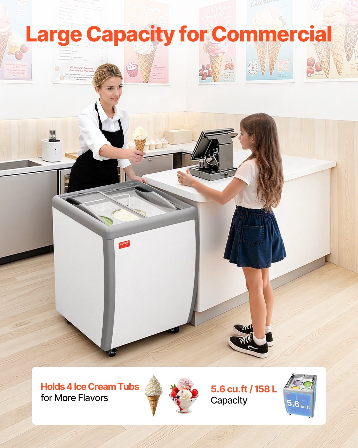 Commercial Ice Cream Display Case with Locking Casters - 5.6 Cu.ft Chest Freezer with Sliding Glass Door & LED Lighting