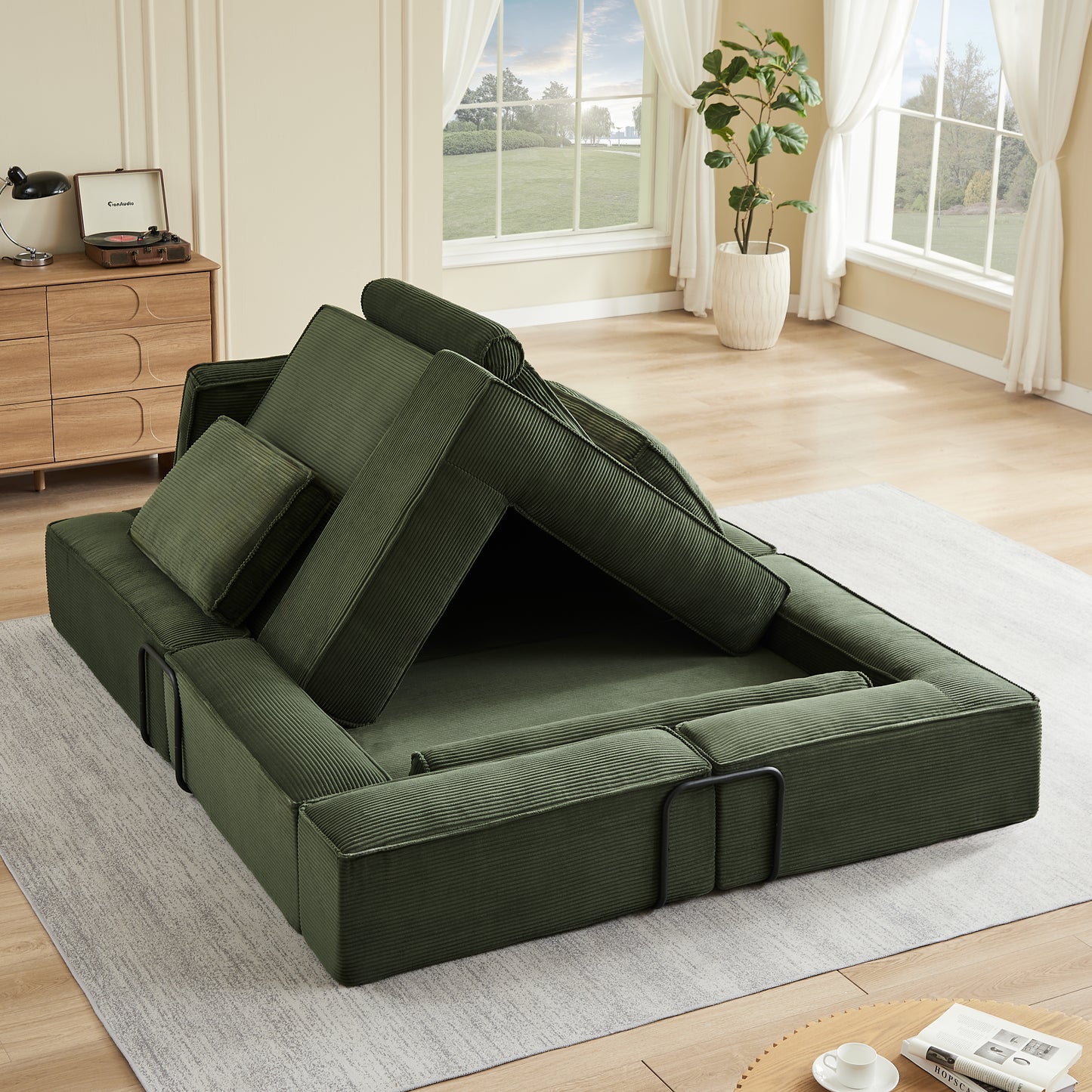 Large Army Green Corduroy Sofa - Modular Design for Living Room