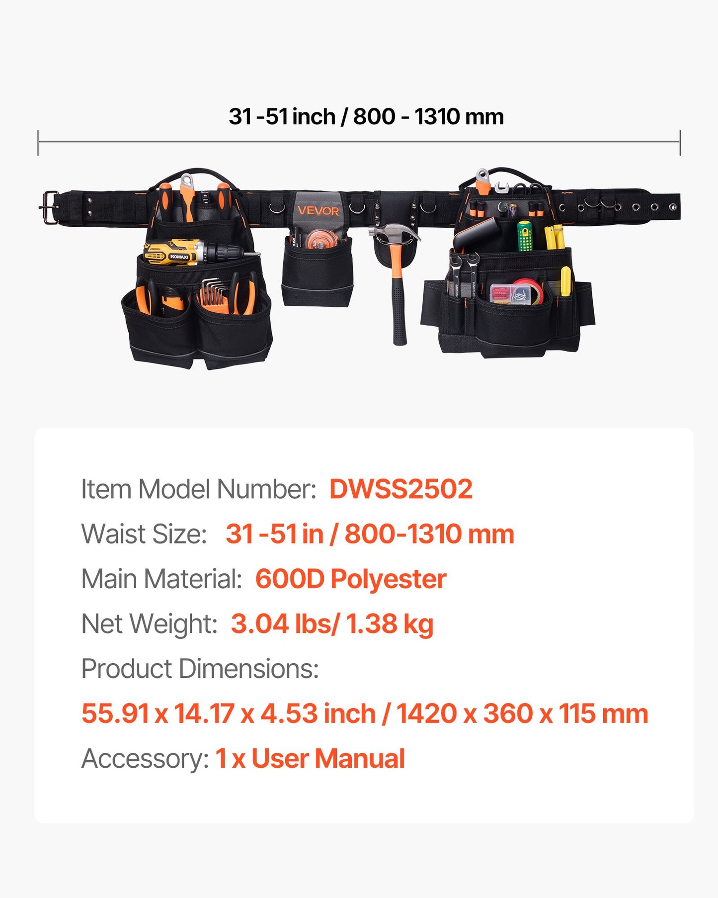 Heavy Duty Tool Belt with 18 Pockets for Construction and Carpentry - Adjustable Waist