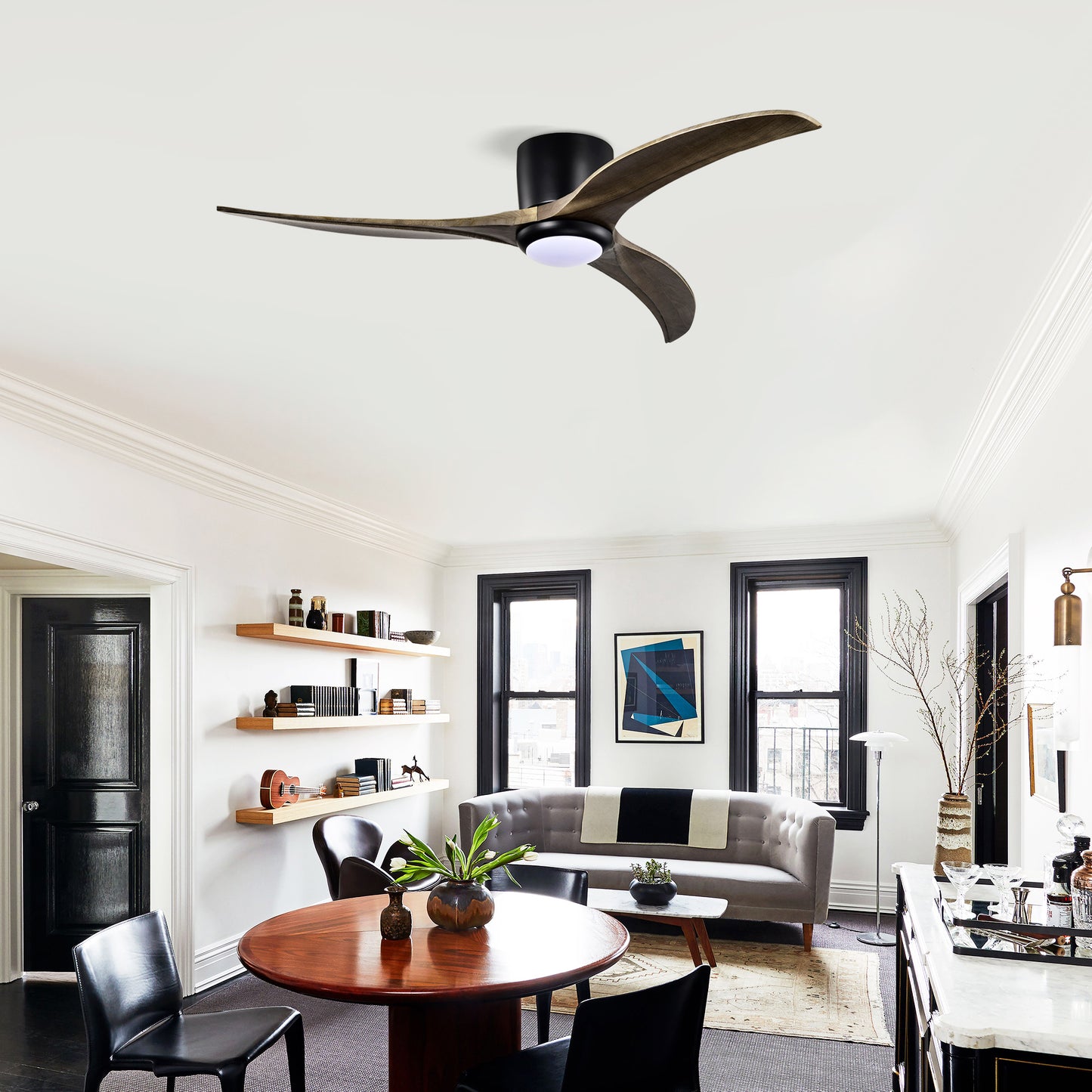 52" Flush Mount Ceiling Fan with Lights & Remote Control - Matte Black