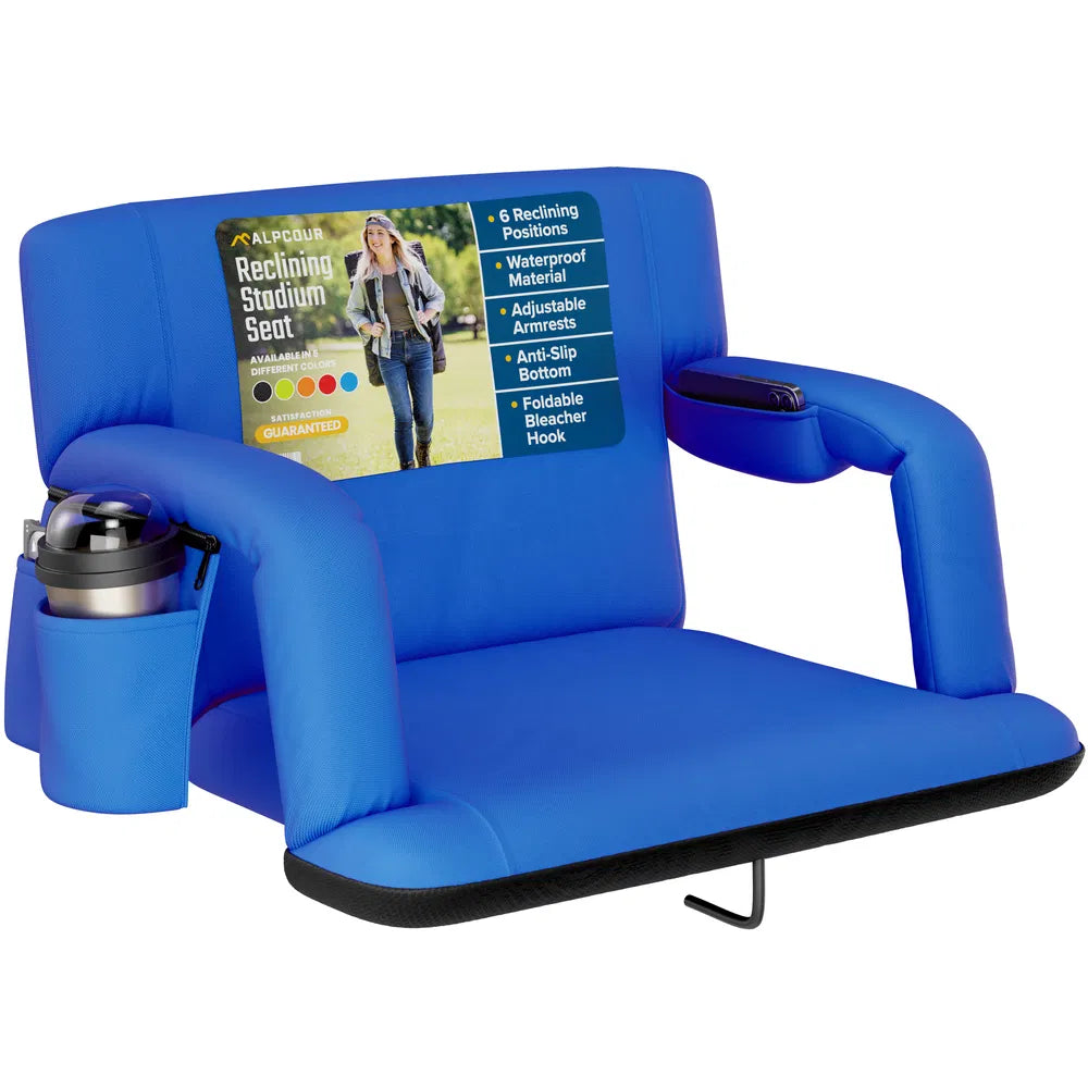 Reclining Stadium Seat - Waterproof Foldable Camping Chair with Armrests & Adjustable Positions