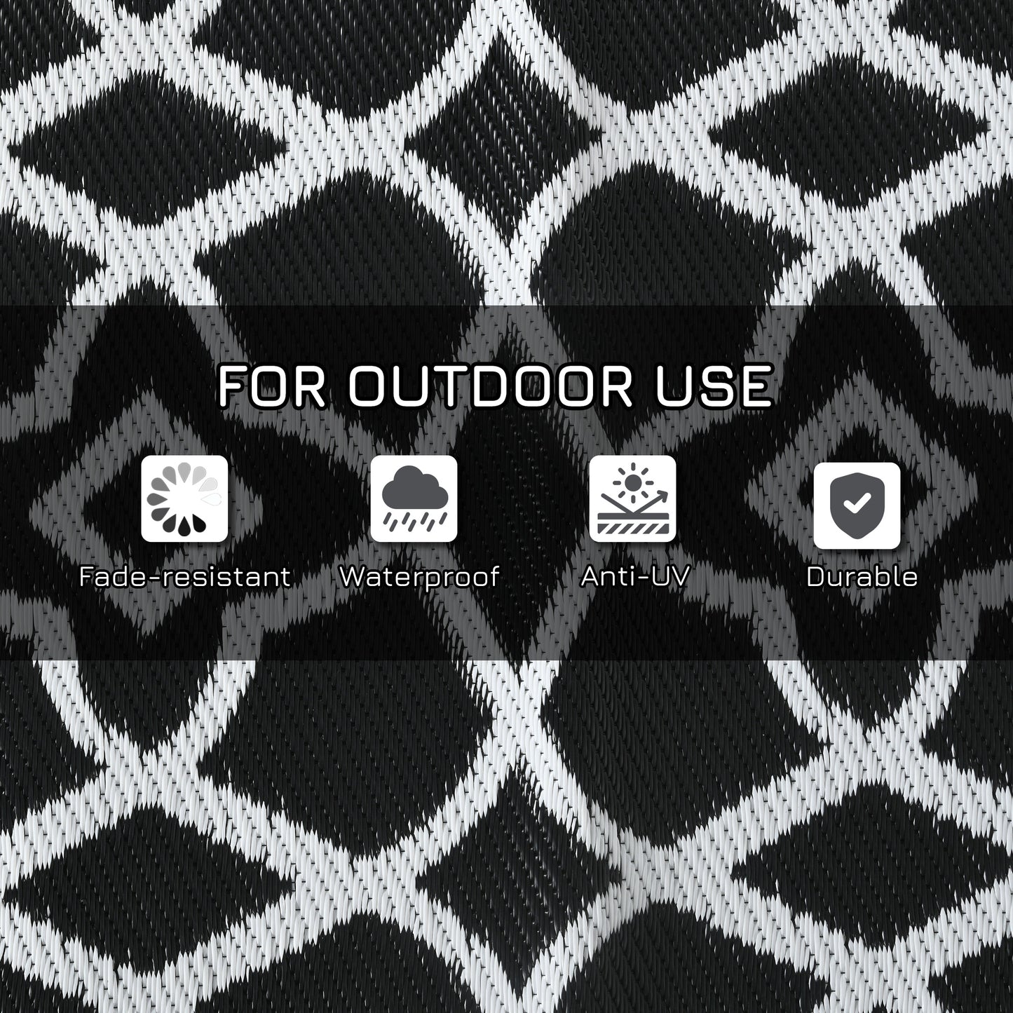Reversible Outdoor Rug - Black & White Clover, 9x18 ft with Carry Bag