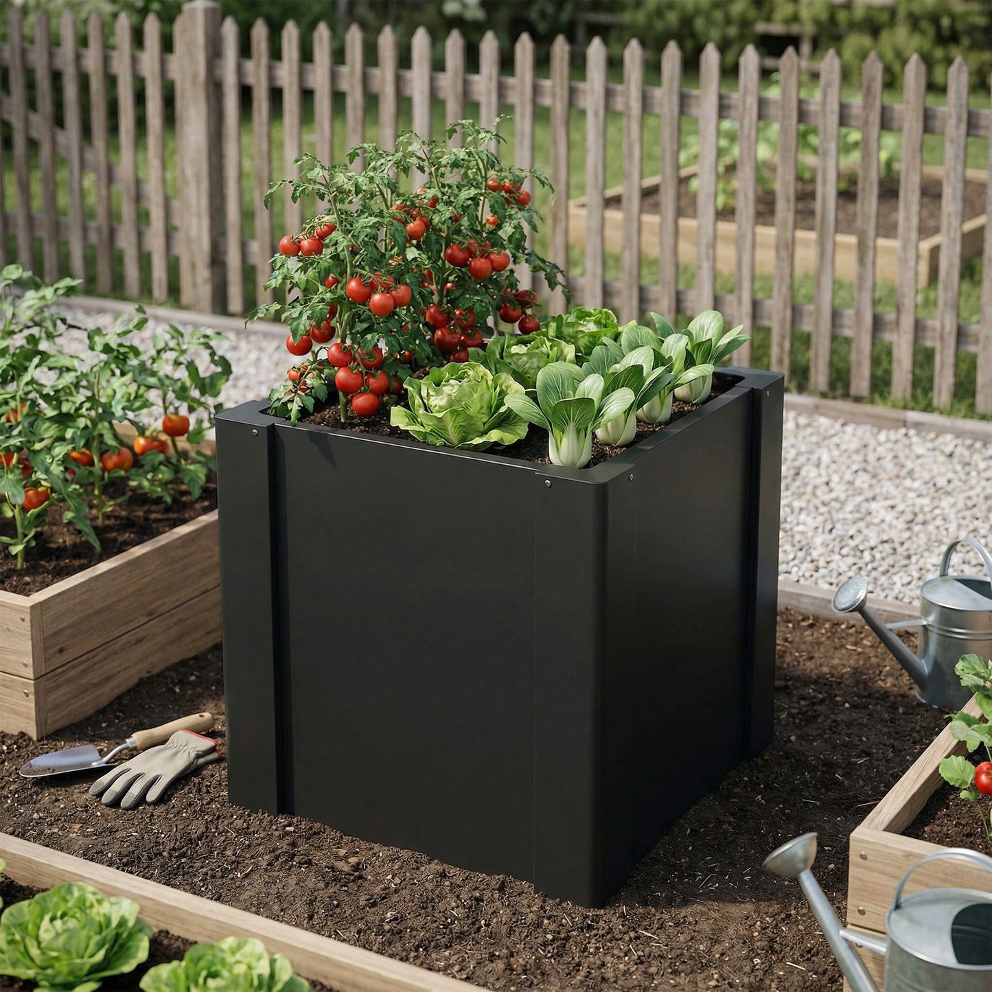 Galvanized Steel Raised Garden Bed with Gloves - Outdoor Planter Box 1.4x1.4x1.5 ft Black
