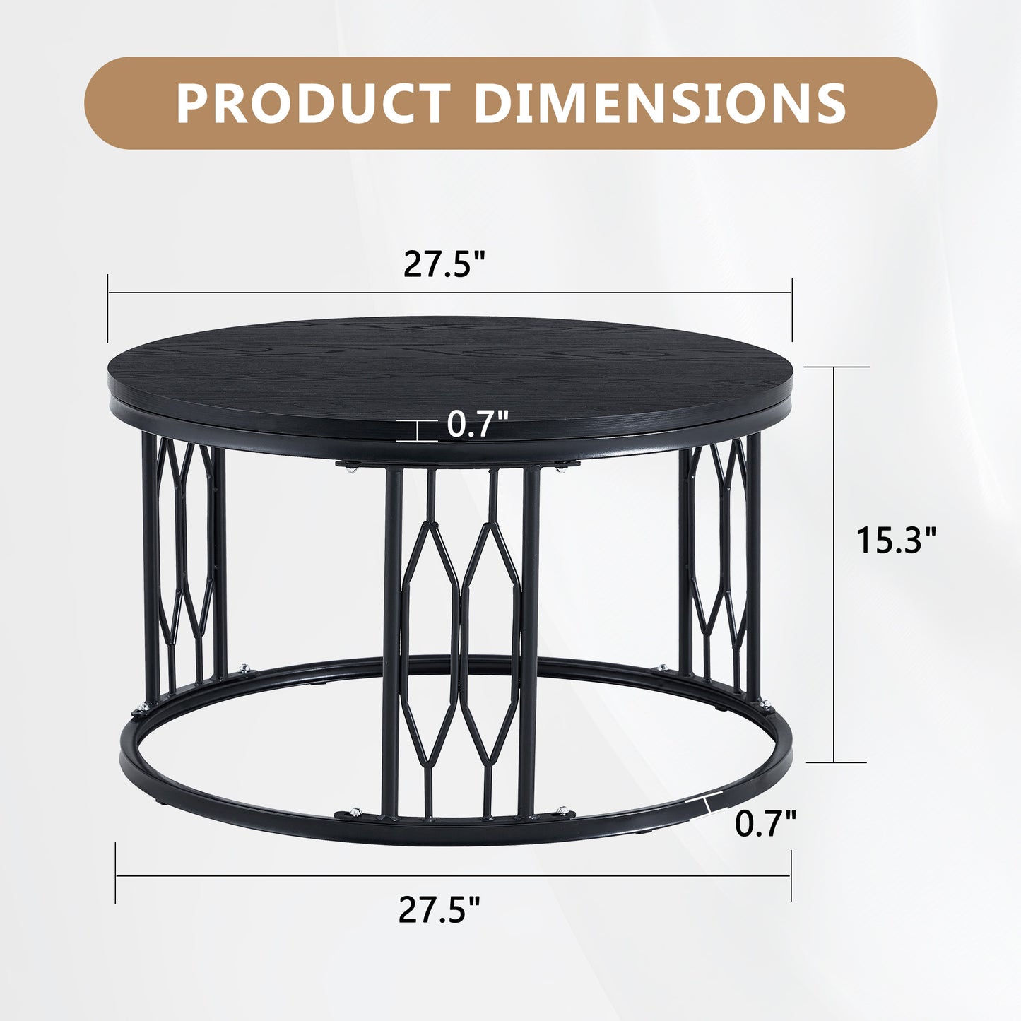 Black Round Coffee Table - 27.5-Inch MDF with Metal Legs