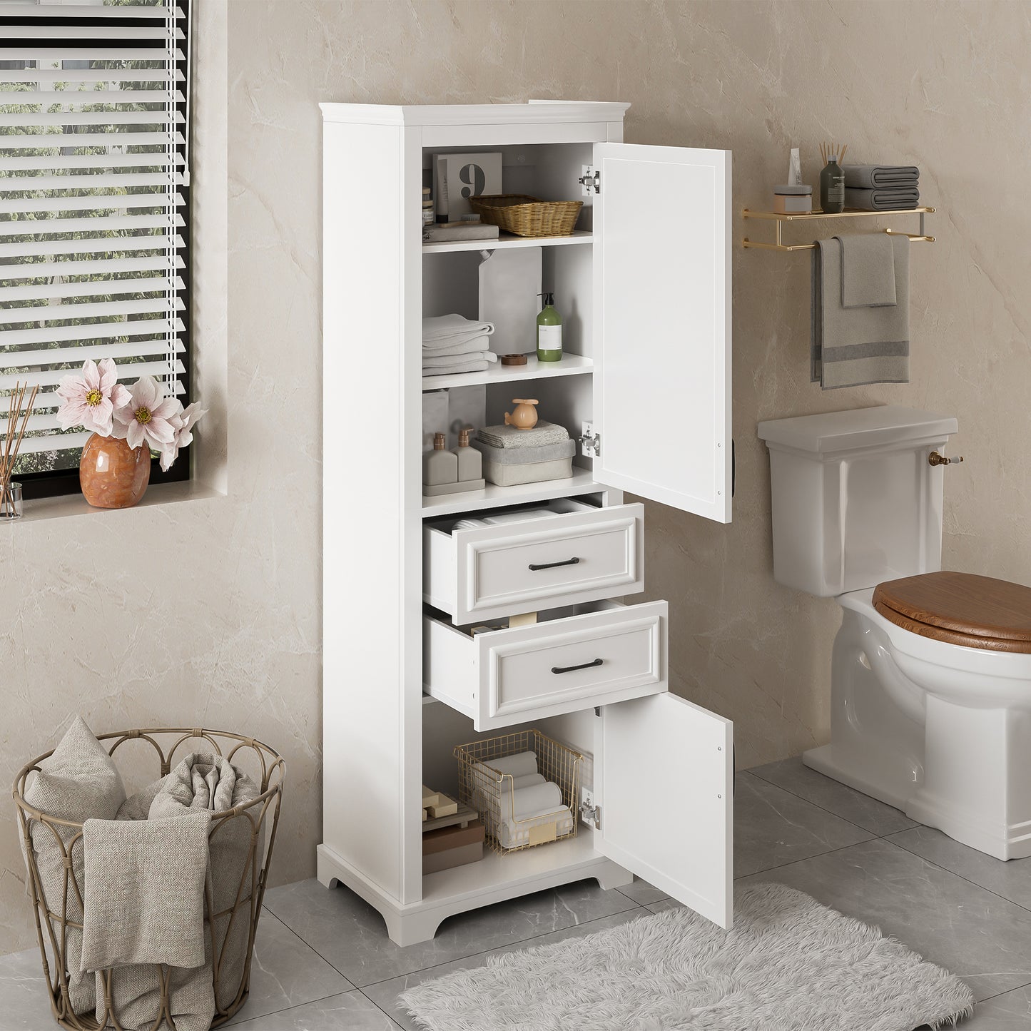 71-Inch Tall Freestanding Bathroom Vanity with Damping-Hinge Doors - White