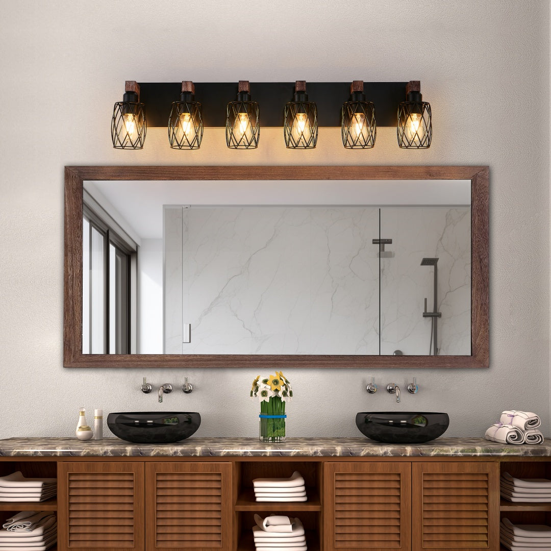 Industrial Vintage 6-Light Wall Sconce - Black Metal & Wood Accent