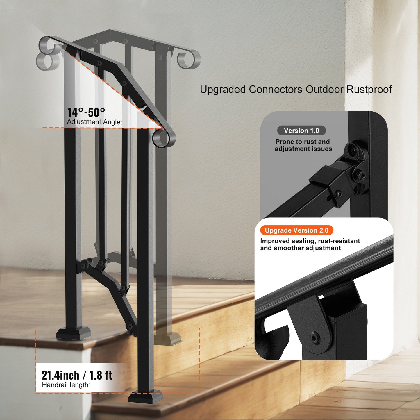 Outdoor Handrail for 1-2 Step Porch & Garden Safety - Black