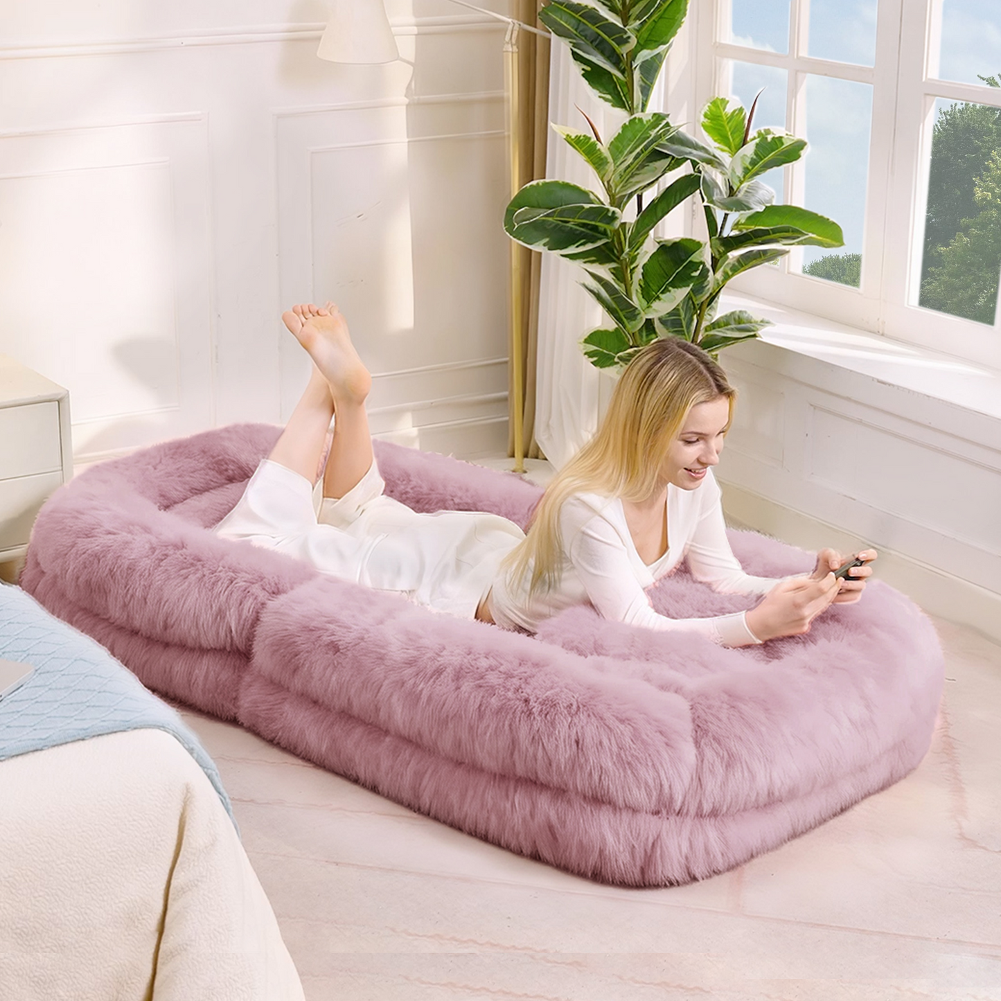 Adjustable Lazy Sofa Bed - Plush Fabric, Pink
