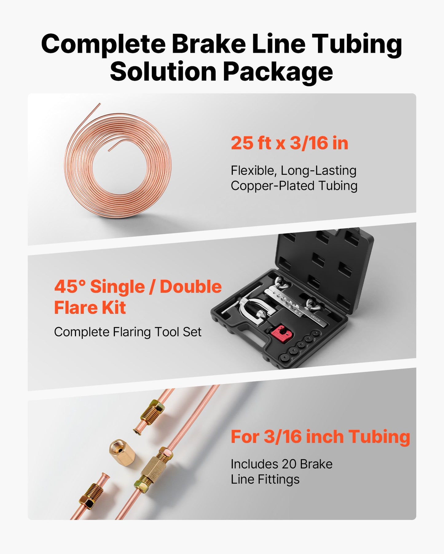 Brake Line Repair Kit with Flaring Tool, Copper Coated Tubing & Fittings