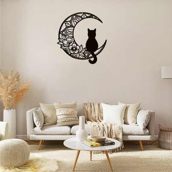 Crescent Cat Wall Decor - Bohemian Metal Art for Home