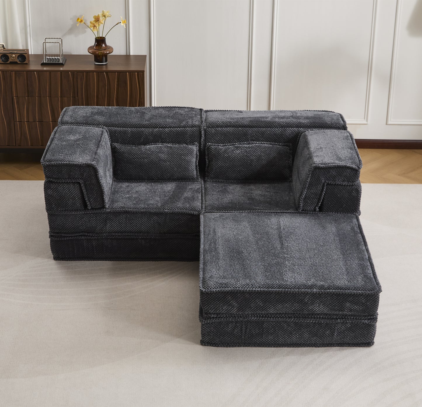 Convertible Floor Sofa Bed - Oversized 2 Seater with Ottoman - Dark Grey