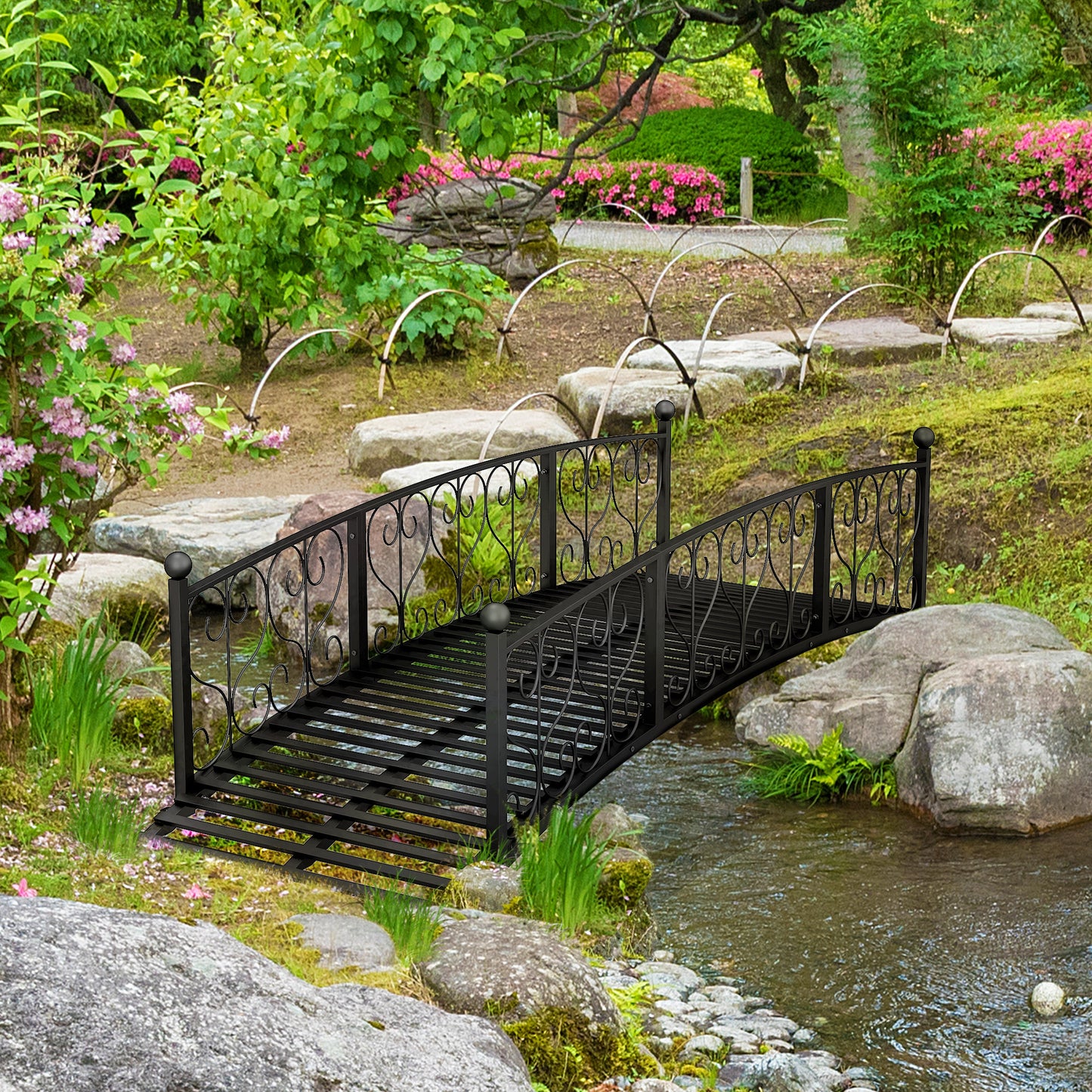 Metal Garden Bridge with Side Railings - Black Arc Footbridge, 840x740mm