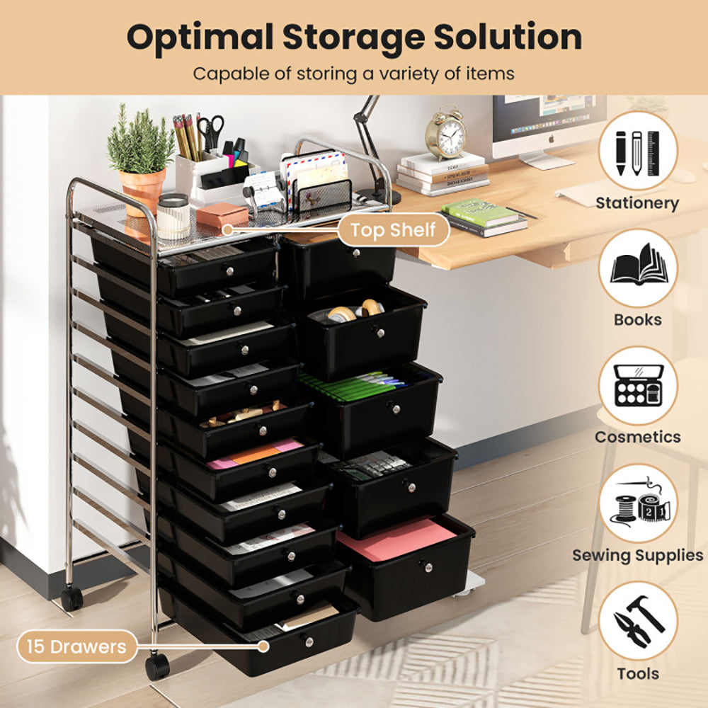 15-Drawer Rolling Storage Cart with Chrome Metal Frame