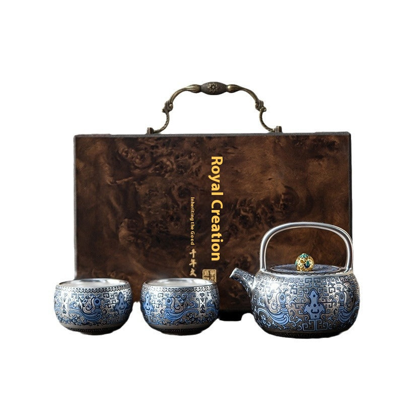 Gilded Silver Tea Set with Teapot - Retro Luxury Portable Drinkware