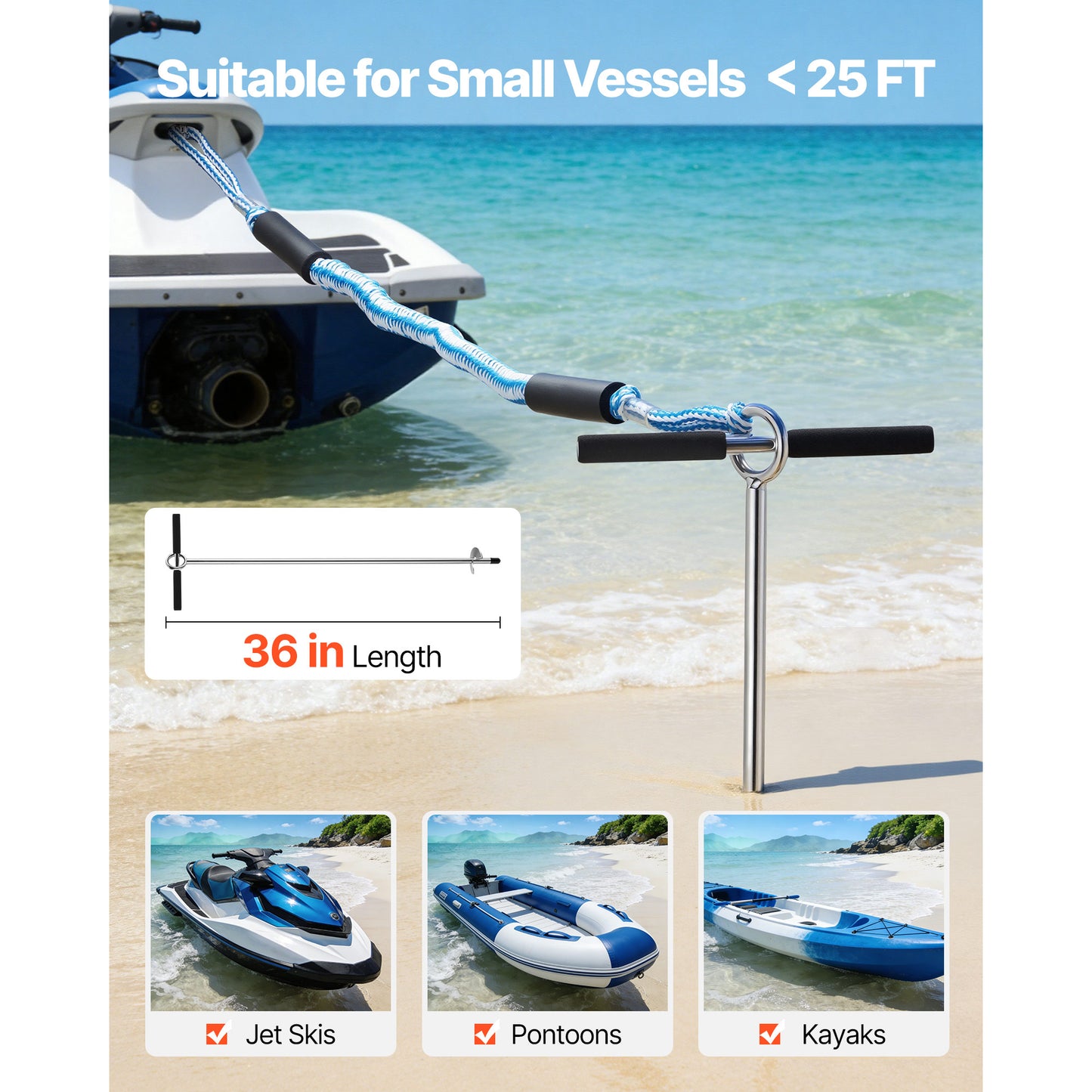 Stainless Steel Sand Anchor - 36 Inch Beach Boat Anchor for Kayaks, Jet Skis & Pontoons